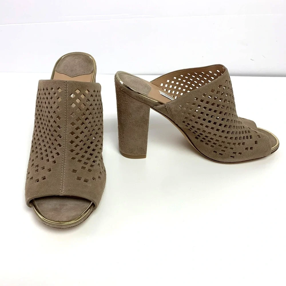 New Diane von Furstenberg Taviano Laser Cut Suede Leather Mule Sandals 6.5 Taupe